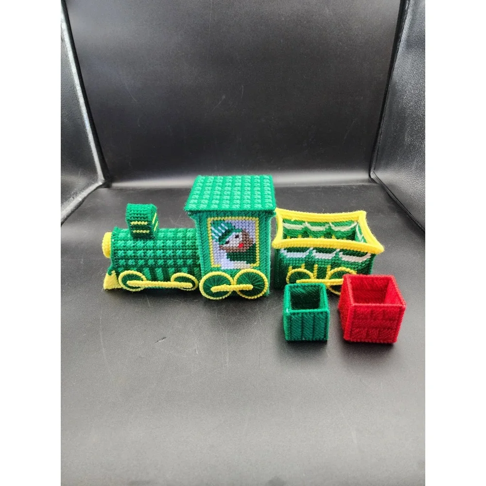Vtg Canvas Needlepoint Christmas Train Engine & Coal Car W/2 Gifts Holiday Decor